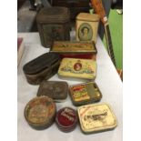 A QUANTITY OF VINTAGE TINS TO INCLUDE A CORONATION TEA CADDY, CARR'S BISCUITS, BOOT'S ENEMA