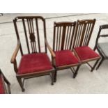 A PAIR OF EARLY 20TH CENTURY DINING CHAIRS ON BARLEYTWIST LEGS AND CARVER CHAIR ON TAPERED LEGS