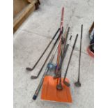 A VINTAGE FISHING ROD, A SNOW SHOVEL AND VARIOUS GOLF CLUBS