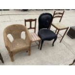 A CHICHI DINING CHAIR, TALL STOOL WITH RUSH SEAT, BEDROOM CHAIR AND WICKER CHAIR