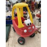 A RED AND YELLOW LITTLE TIKES COZY COUPE CHILDS CAR