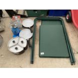 AN ASSORTMENT OF CAMPING ITEMS TO INCLUDE TWO GAS STOVES, PANS AND TWO FOLDING TABLES ETC