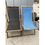 TWO VINTAGE WOODEN FRAMED FOLDING DECK CHAIRS