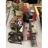 A QUANTITY OF HABERDASHERY ITEMS TO INCLUDE BUTTONS, RIBBONS, ELASTIC ETC, PLUS A VINTAGE TIN