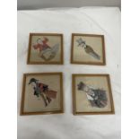 A SET OF FOUR VICTORIAN CARICATURES ON CLOTH 15.5CM X 15.5CM