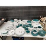 A LARGE AMOUNT OF DENBY GREENWHEAT DINNER SERVICE ITEMS TO INCLUDE TRIOS, PLATES, TUREENS AND TEAPOT