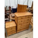 A MODERN PINE CHEST OF TWO SHORT AND FOUR LONG DRAWERS, 33" WIDE, 5' DIVAN HEADBOARD AND BEDSIDE