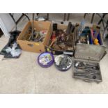 A LARGE ASSORTMENT OF TOOLS AND HARDWARE TO INCLUDE HAMMERS, FILES AND HINGES ETC