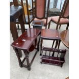 A MINIATURE HARDWOOD GATELEG TABLE, MAGAZINE RACK, SMALL TABLE AND METALWARE WICKER EFFECT STAND