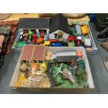 A MODEL FARMYARD WITH BUILDINGS, TRACTORS, TRAILERS, ANIMALS, FENCES, TREES, ETC