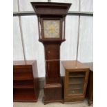 AN 18TH CENTURY OAK AND CROSSBANDED 30 HOUR LONGCASE CLOCK WITH SQUARE BRASS FACE, FISHER, PRESTON