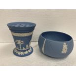 A LARGE BLUE JASPERWARE BOWL AND VASE WITH SREM HOLDER