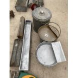 AN ASSORTMENT OF GALVANISED ITEMS TO INCLUDE POULTRY FEEDERS, A TROUGH AND BUCKETS ETC