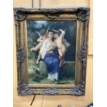 A 20TH CENTURY OIL ON CANVAS OF A CLASSICAL SCENE WITH A YOUNG GIRL WITH TWO CUPIDS - 100CM X