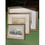 THREE FRAMED PRINTS OF A HARBOUR SCENE, ST KATHERINE'S ROYAL HOSPITAL AND A LAKE SCENE