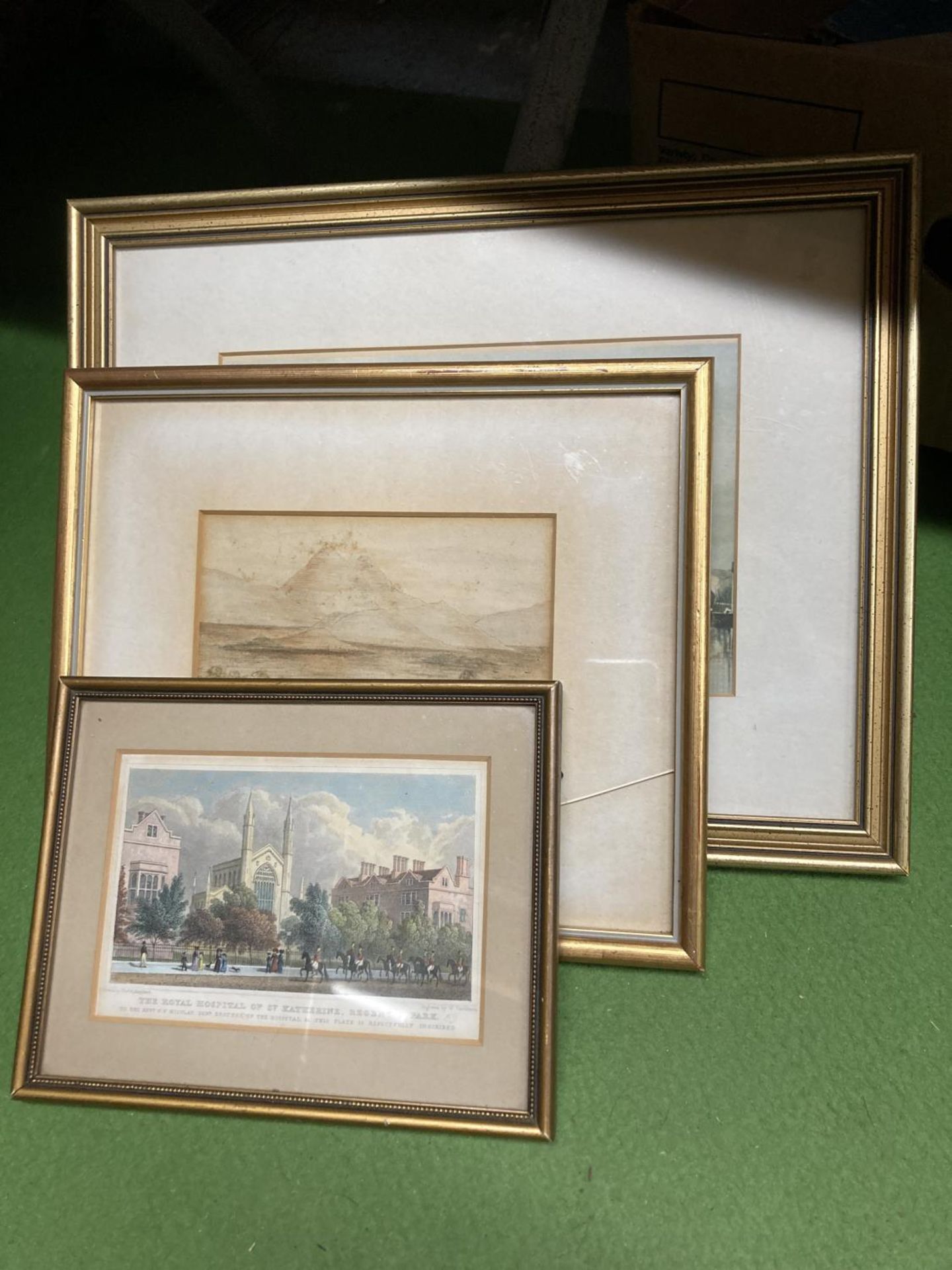THREE FRAMED PRINTS OF A HARBOUR SCENE, ST KATHERINE'S ROYAL HOSPITAL AND A LAKE SCENE