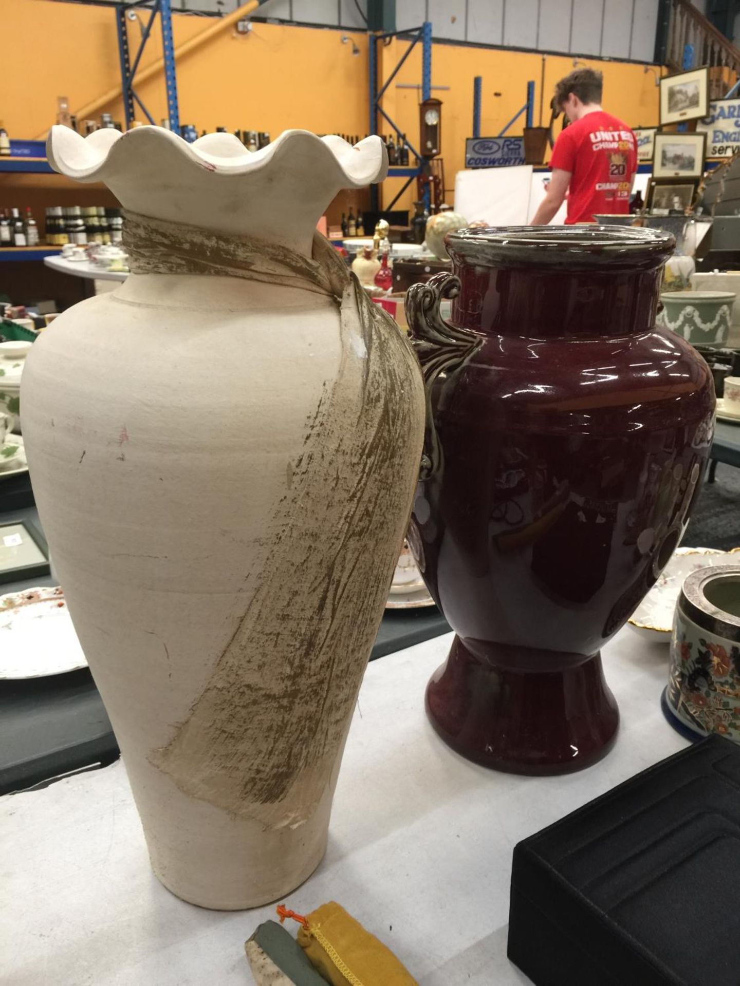 TWO LARGE VASES, ONE STONE EFFECT WITH FLUTED TOP H: 50CM W:30 CM , ONE BURGUNDY GLAZED WITH - Image 6 of 6