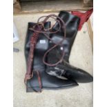 A PAIR OF SIZE 9 LONG RIDING BOOTS AND A BULL WHIP