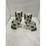 A PAIR OF GREEN AND WHITE STAFFORDSHIRE DOGS HEIGHT 26CM