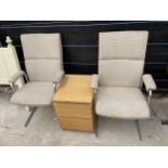 A PAIR OF CHROME FRAMED OFFICE CHAIRS AND TWO DRAWER CHEST