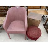 A LLOYD LOOM STYLE BEDROOM CHAIR, LINEN BOX AND STOOL ON BLACK PAINTED LEGS