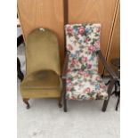 A BEDROOM CHAIR ON CABRIOLE LEGS AND MID 20TH CENTURY FIRESIDE CHAIR