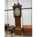 A 19TH CENTURY OAK AND CROSSBANDED EIGHT-DAY LONGCASE CLOCK WITH PAINTED ENAMEL DIAL