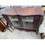 AN EDWARDIAN MAHOGANY CHIFFONIER BASE WITH TWO GLASS DOORS AND POT BOARD, 49" WIDE