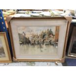 A VERY LARGE FRAMED WATER COLOUR PARISIAN STYLE SCENES POSSIBLY IN NAPOLEONIC TIMES SIGNED B.