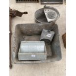 FOUR GALVANISED ITEMS TO INCLUDE A TIN BATH, A SCOOP AND A MOP BUCKET ETC