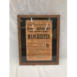 A FRAMED LONDON AND NORTH WESTERN RAILWAY POSTER ADVERTISING CHEAP TICKETS TO MANCHESTER