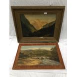 A FRAMED OIL ON CANVAS OF A CABIN AND MOUNTAINS AND AN OIL ON BOARD OF A BRIDGE AND STREAM