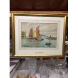 A 1952 FRAMED WATERCOLOUR SIGNED A. D. BELL ENTITLED 'DRYING SAILS' - 54CM X 45CM