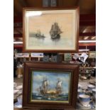 A FRAMED OIL ON CANVAS OF A GALLEON ON FIRE 38CM X 32CM AND A FURTHER FRAMED WATERCOLOUR 40CM X 32CM