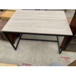 A MODERN WOOD EFFECT TABLE ON BLACK PAINTED METALWARE BASE, 48X31.5"