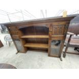 AN OAK OLD CHARM DRESSER TOP WITH FOUR CUPBOARDS, TWO BEING GLAZED AND LEADED, 61" WIDE