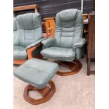 A STRESSLESS STYLE REVOLVING RECLINER CHAIR AND STOOL