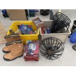 VARIOUS ITEMS OF HARDWARE TO INCLUDE HANGING BASKETS, SECURITY LIGHT, DOOR FITTINGS AND A PAIR OF