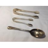 THREE ITEMS OF SILVER TO INCLUDE TWO SUGAR TONGS AND A SPOON WHICH APPEARS TO BE MARKED 'CECIL'
