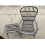 A PAINTED BAMBOO EFFECT AND WICKER CONSERVATORY CHAIR AND STOOL
