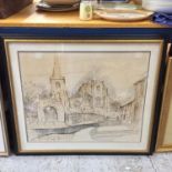 A LARGE FRAMED PEN AND INK DRAWING OF A CHURCH SIGNED TONY EDWARDS W: 83CM