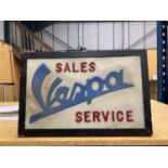 A VESPA SALES AND SERVICE ILLUMINATED LIGHT BOX SIGN 48CM X 32CM X 10CM