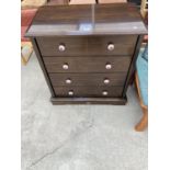 A MODERN BEECH CHEST OF TWO SHORT AND THREE LONG DRAWERS WITH PINK CERAMIC KNOBS 35" WIDE