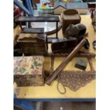 A QUANTITY OF TREEN ITEMS TO INCLUDE TWO MINIATURE CHEST OF DRAWERS, MINIATURE CUPBOARD, BOXES,