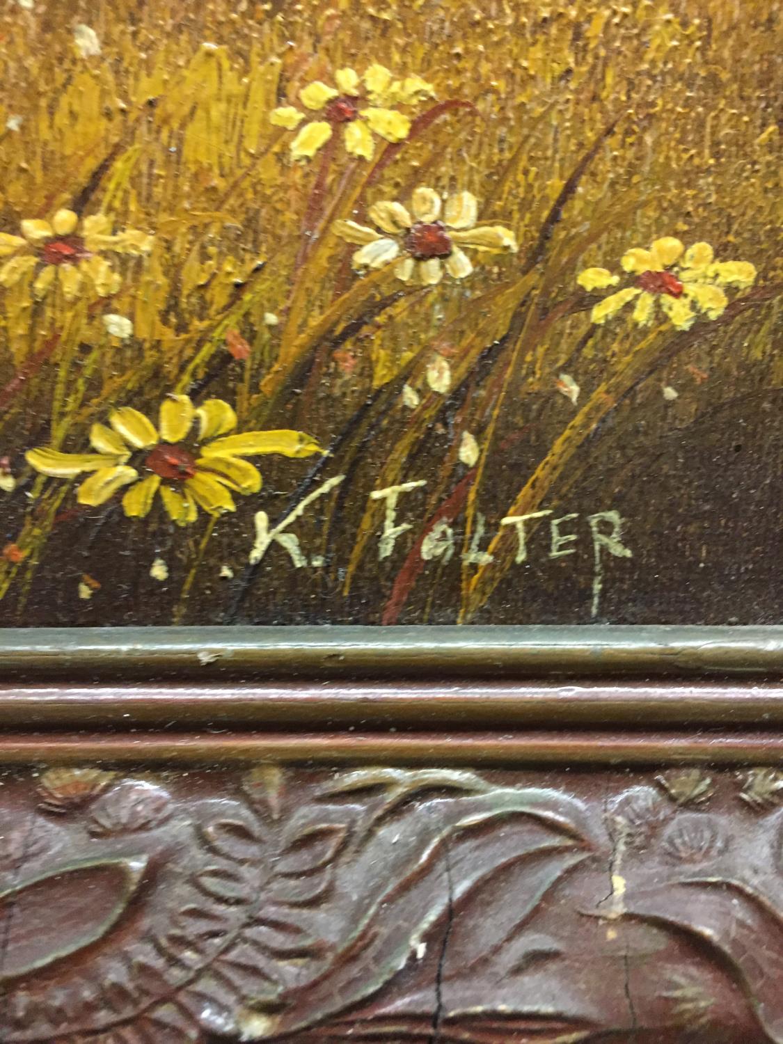 TWO SMALL WOODEN FRAMED OILS ON BOARDS OF A COUNTRY SCENE SIGNED K FALTER AND A STILL LIFE OF - Image 3 of 3