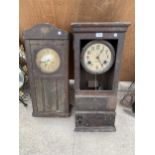 TWO WOODEN CASED WALL CLOCKS TO INCLUDE AN 'INTERNATIONAL TIME RECORDING' CLOCK