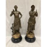 TWO SPELTER FIGURES THE BLACKSMITH AND THE HAYMAKER SIGNED C B PERRON PARIS WITH COIN REAR STAMP FOR