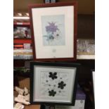 A FRAMED PRINT OF BLACK AND WHITE EMBROIDERY STYLE FLOWERS 50CM X 50CM