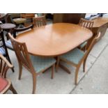 A RETRO G-PLAN TEAK EXTENDING DINING TABLE, 48X35" (LEAF 12") AND FOUR DINING CHAIRS