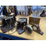 TWO MAHOGANY CASED WALL CLOCKS, A WESTCLOX 'BIG BEN' ALARM CLOCK, A SMITHS VINTAGE ELECTRIC MANTLE